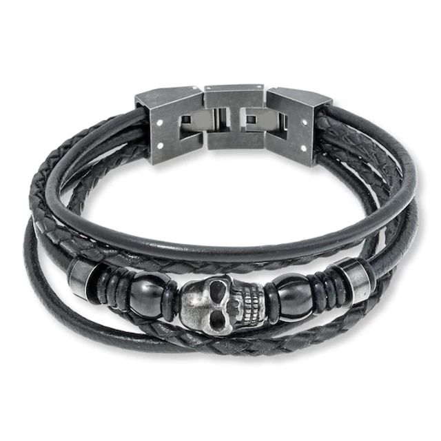 Men's Skull Bracelet Stainless Steel Black Leather 9"