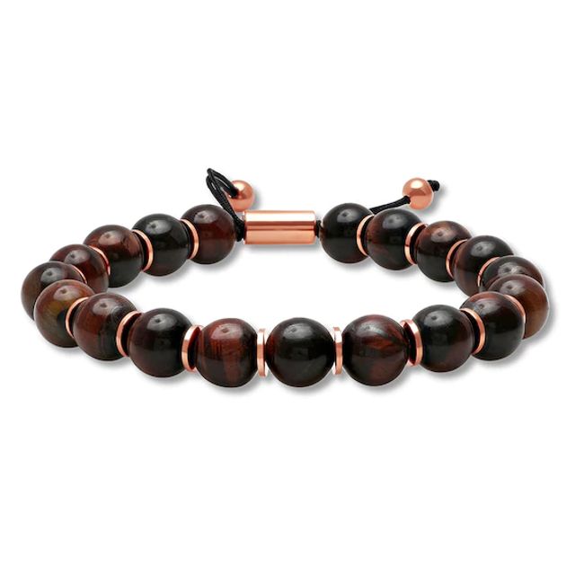 Men's Tiger's Eye Quartz Beaded Bolo Bracelet Stainless Steel