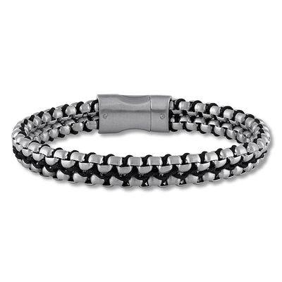 Men's Link Bracelet Stainless Steel/Black Leather 8.5
