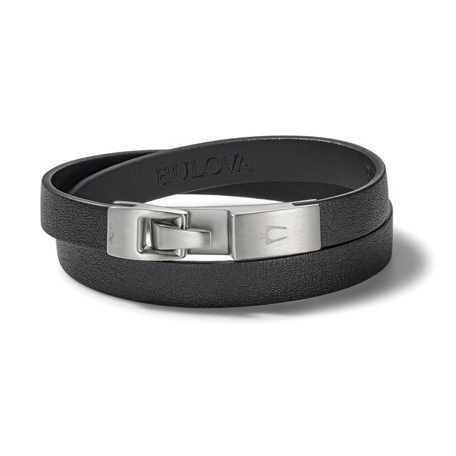 Bulova Double-Wrap Bracelet Black Leather Stainless Steel 14.5"