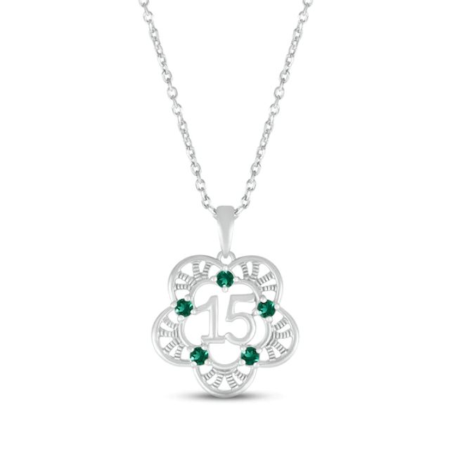 Lab-Created Emerald Quinceañera Flower Necklace 10K White Gold 18"