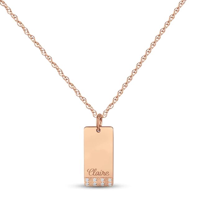 Diamond Name Dog Tag Necklace 14K Rose Gold 18"