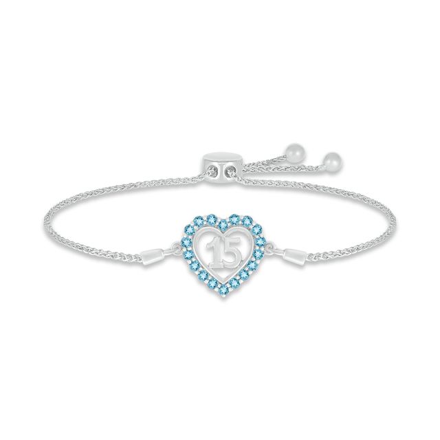 Swiss Blue Topaz Quinceañera Heart Bolo Bracelet Sterling Silver 9.5"