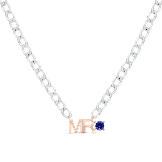 Men's Blue Lab-Created Sapphire "Mr." Cuban Chain Necklace Sterling Silver & 10K Rose Gold 20"