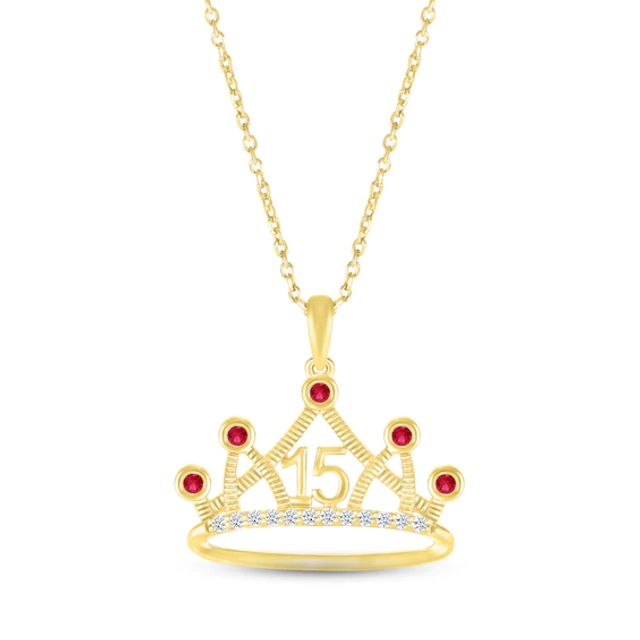 Lab-Created Ruby & White Lab-Created Sapphire Quinceañera Crown Necklace 10K Yellow Gold 18"