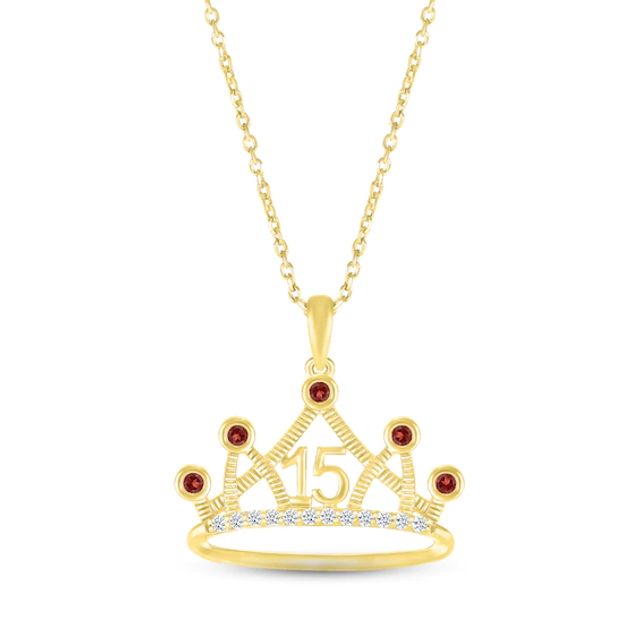 Garnet & White Lab-Created Sapphire Quinceañera Crown Necklace 10K Yellow Gold 18"