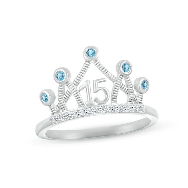 Swiss Blue Topaz & White Lab-Created Sapphire Quinceañera Crown Ring Sterling Silver