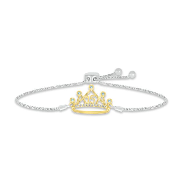 Aquamarine & White Lab-Created Sapphire Quinceañera Crown Bolo Bracelet Sterling Silver & 10K Yellow Gold