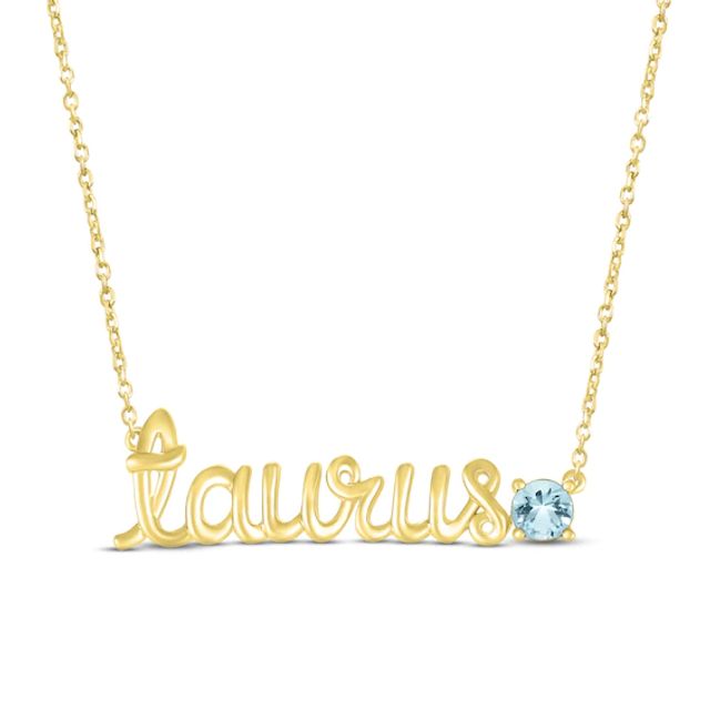 Aquamarine Zodiac Taurus Necklace 10K Yellow Gold 18"