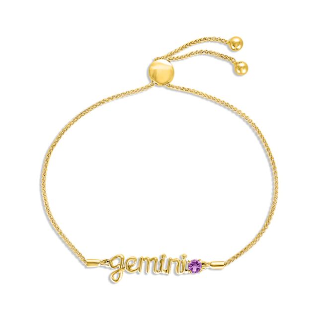 Amethyst Zodiac Gemini Bolo Bracelet 10K Yellow Gold 9.5"