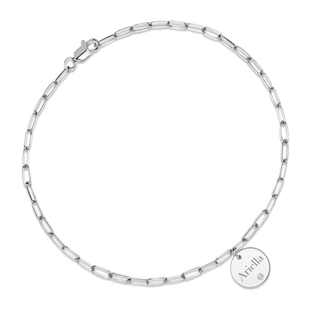 Diamond Paperclip Disc Name Bracelet Sterling Silver 7.5"