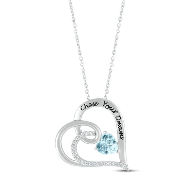 Heart-Shaped Aquamarine & Round-Cut White Lab-Created Sapphire Heart Necklace Sterling Silver 18”