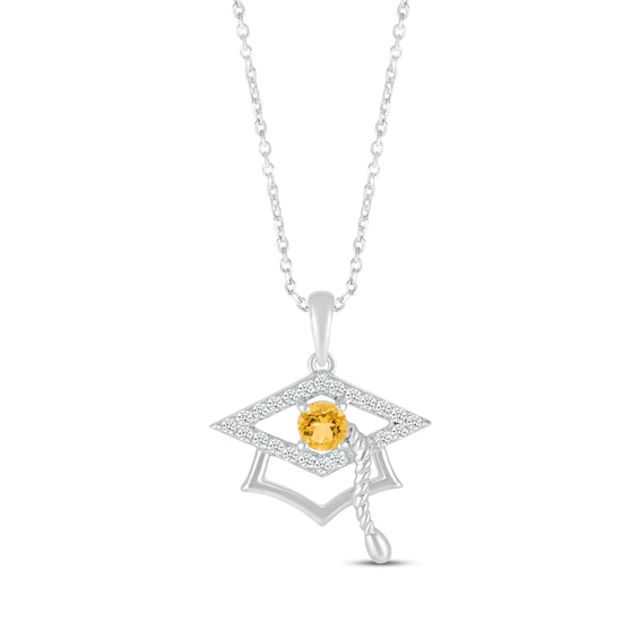 Round-Cut Citrine & Round White Lab-Created Sapphire Graduation Cap Necklace Sterling Silver 18”