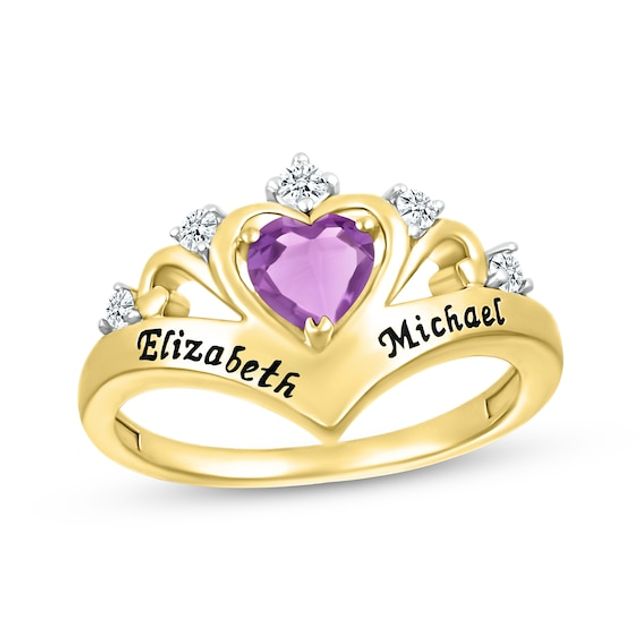 Heart-Shaped Amethyst & Round-Cut White Lab-Created Sapphire Heart Chevron Ring 10K Yellow Gold