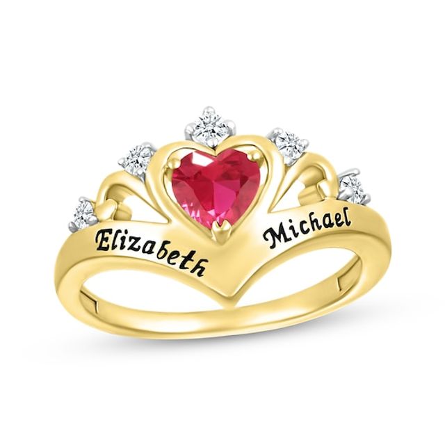 Heart-Shaped Lab-Created Ruby & Round-Cut White Lab-Created Sapphire Heart Chevron Ring 10K Yellow Gold