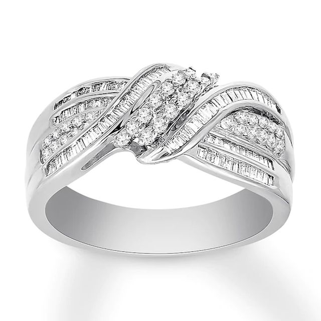 Diamond Ring 1/2 ct tw Round & Baguette 10K White Gold