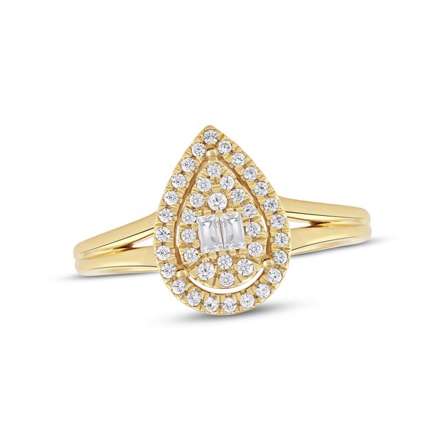Baguette & Round-Cut Diamond Pear Halo Promise Ring 1/4 ct tw 10K Yellow Gold
