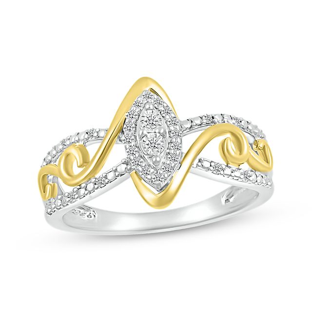 Multi-Diamond Center Marquise Frame Swirl Promise Ring 1/8 ct tw Sterling Silver & 10K Yellow Gold