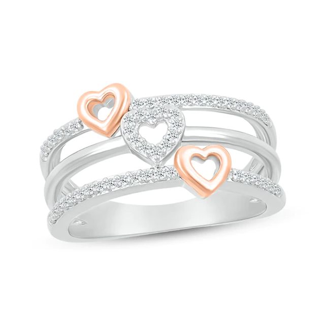 Round-Cut Diamond Stacked Look Heart Ring 1/5 ct tw Sterling Silver & 10K Rose Gold