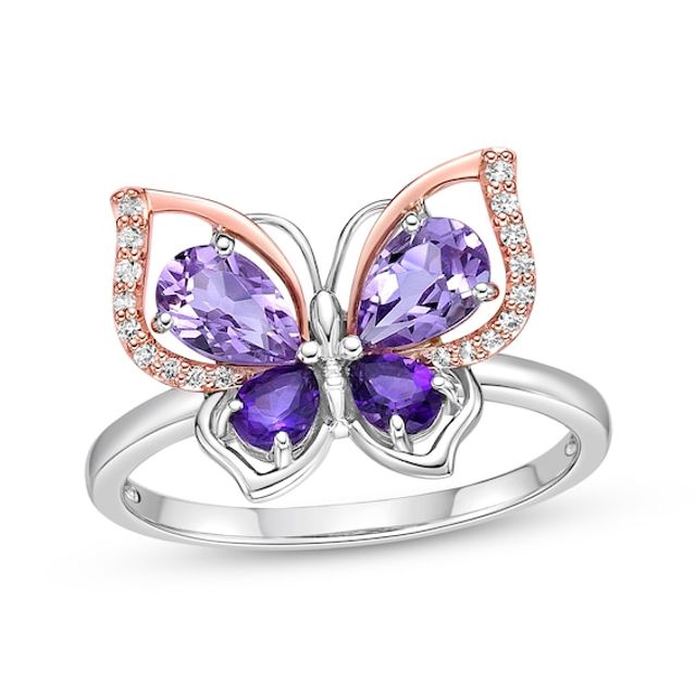 Pear-Shaped Amethyst & Round-Cut White Lab-Created Sapphire Butterfly Ring Sterling Silver & 10K Rose Gold