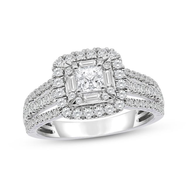 Princess, Baguette & Round-Cut Diamond Engagement Ring 1-1/4ct tw 14K White Gold