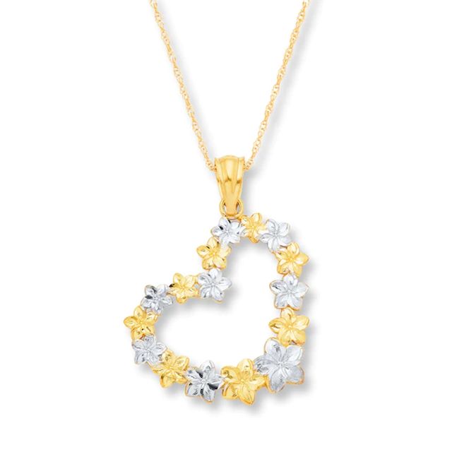 Flower Heart Necklace 10K Two-Tone Gold 18"