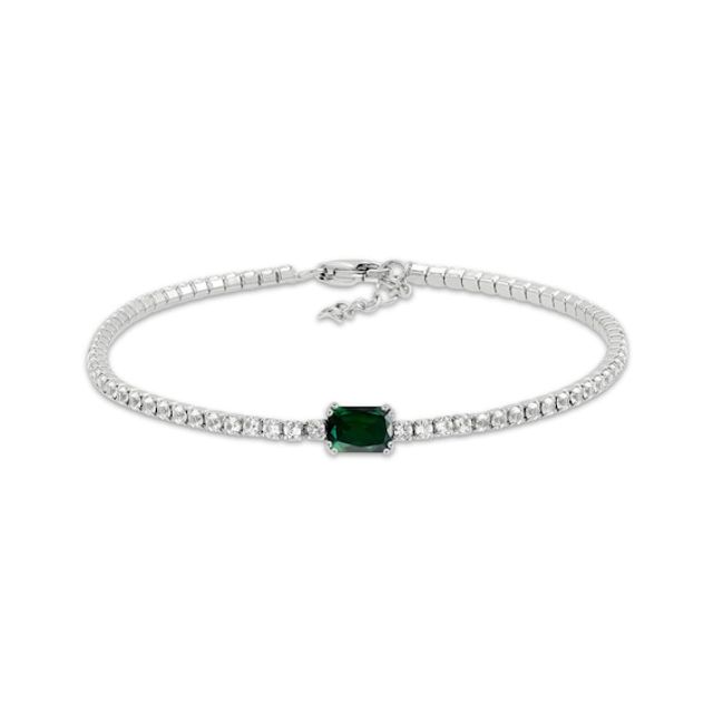 Emerald-Cut Lab-Created Emerald & Round-Cut White Lab-Created Sapphire Bracelet Sterling Silver 8.5“