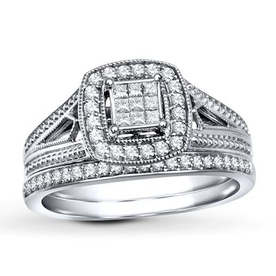 Previously Owned Diamond Bridal Set 3/8 ct tw Princess/Round-cut 14K White Gold