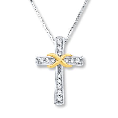 Previously Owned Cross Necklace 1/8 ct tw Diamonds Sterling Silver & 10K Yellow Gold