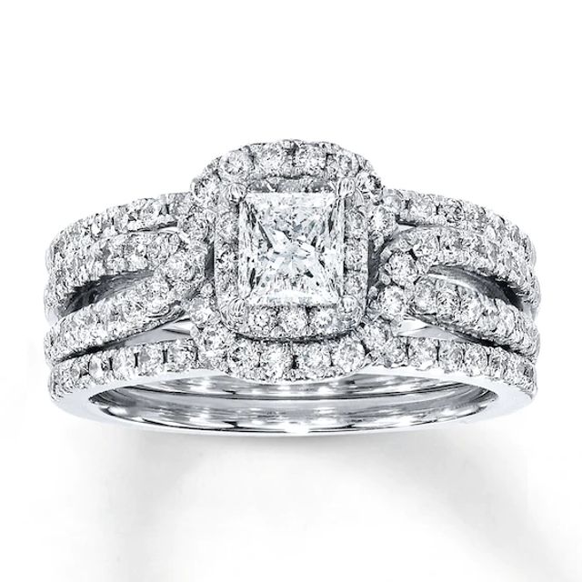 Previously Owned Diamond Bridal Set 2 ct tw Princess & Round-Cut 14K White Gold