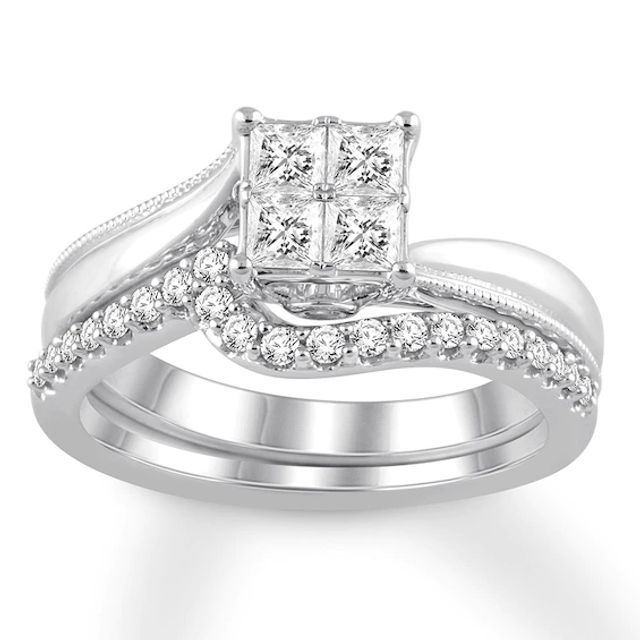 Previously Owned Diamond Bridal Set 5/8 ct tw Princess & Round-cut 14K White Gold - Size 8