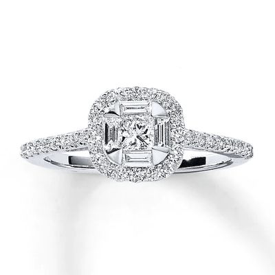 Previously Owned Engagement Ring 3/4 ct tw Round & Baguette-cut Diamonds 14K White Gold