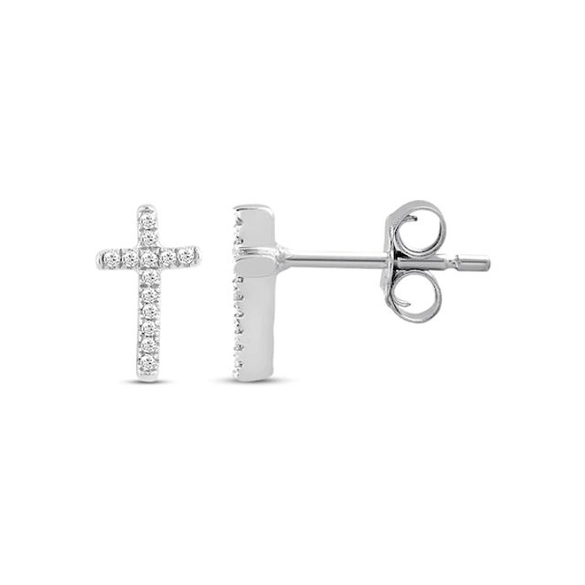 Previously Owned Petite Round-Cut Diamond Cross Earrings 1/20 ct tw 10K White Gold