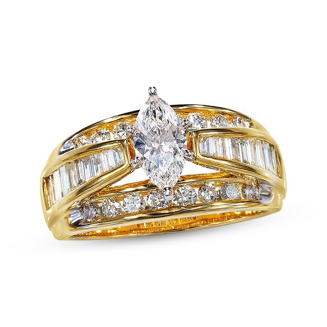 Previously Owned Diamond Engagement Ring 1-1/2 ct tw Marquise, Baguette & Round-cut 14K Yellow Gold - Size 4.25
