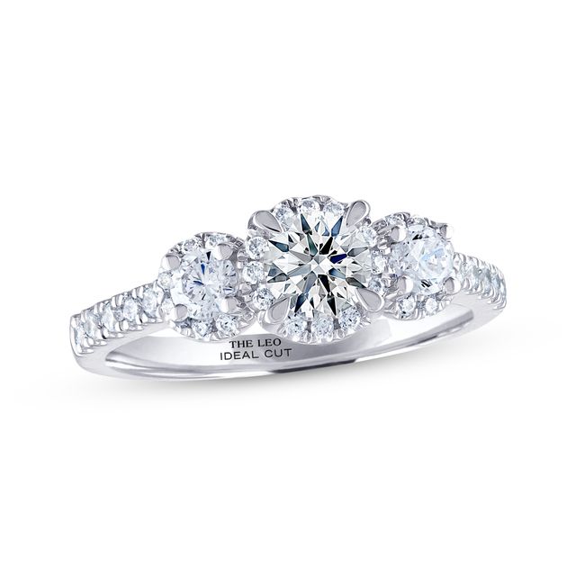 Previously Owned THE LEO Ideal Cut Diamond Three-Stone Engagement Ring 1 ct tw Round-cut 14K White Gold