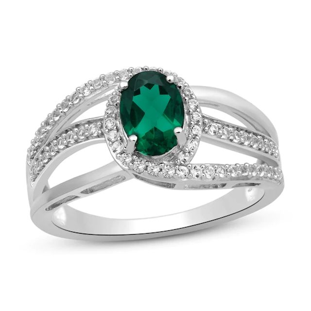 Lab-Created Emerald & White Lab-Created Sapphire Ring Sterling Silver - Size 7