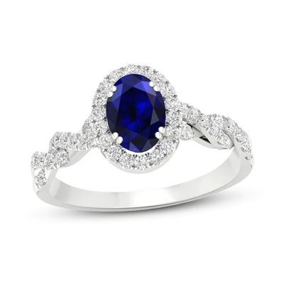 Blue Sapphire & Diamond Engagement Ring 1/3 ct tw Oval & Round-cut 10K White Gold