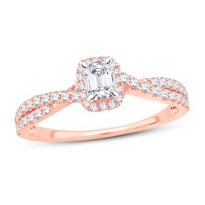Diamond Engagement Ring 3/4 ct tw Emerald & Round 14K Rose Gold