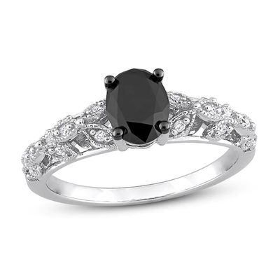 Black & White Diamond Engagement Ring 1 ct tw Oval & Round 14K White Gold