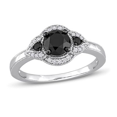 Memories Moments Magic Three-Stone Black & White Diamond Engagement Ring 1/2 ct tw Round-cut 14K White Gold