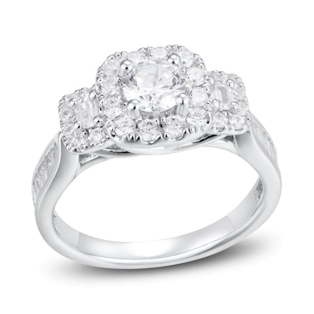 Diamond Engagement Ring 1-1/4 ct tw Round & Baguette 14K White Gold