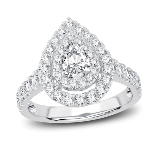 Multi-Diamond Engagement Ring 1-1/2 ct tw Pear & Round-cut 14K White Gold