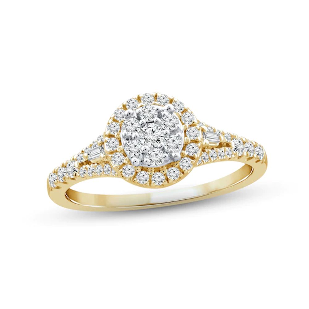 Diamond Engagement Ring 1/2 ct tw Round & Baguette-cut 10K Yellow Gold