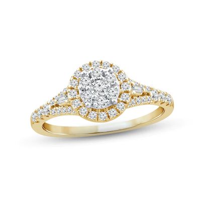 Diamond Engagement Ring 1/2 ct tw Round & Baguette-cut 10K Yellow Gold