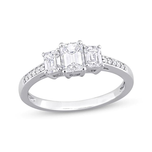 Memories Moments Magic Diamond Three-Stone Engagement Ring 7/8 ct tw Emerald & Round-cut 14K White Gold