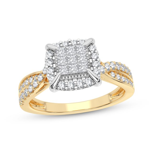 Multi-Diamond Center Engagement Ring 3/8 ct tw Princess & Round-cut 10K Yellow Gold