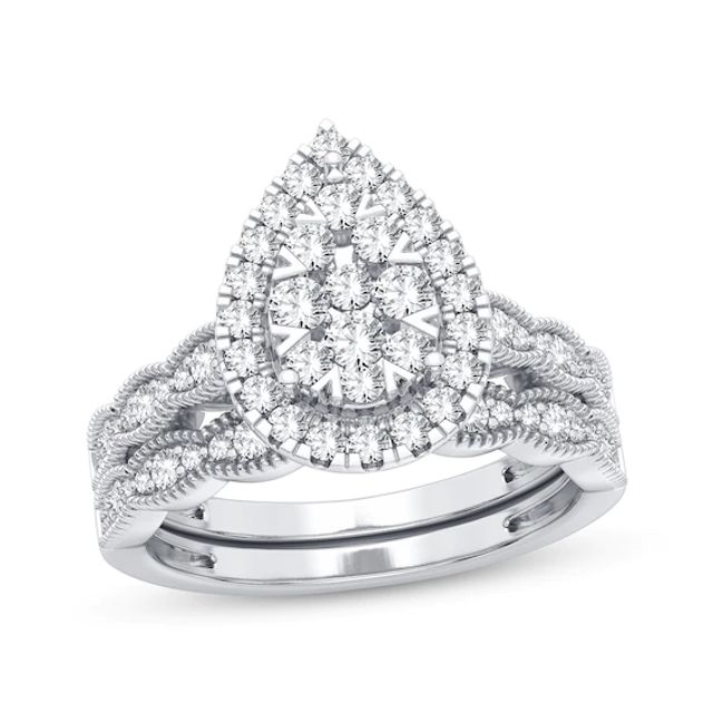 Multi-Diamond Center Pear Bridal Set 3/4 ct tw Round-cut 10K White Gold