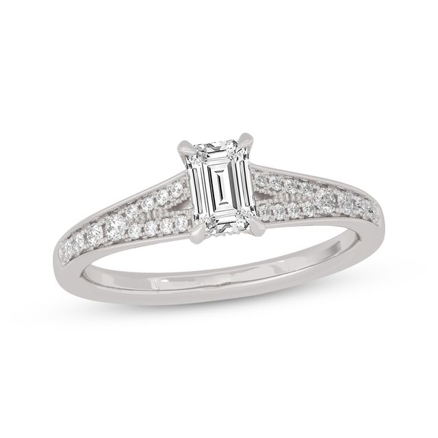 Emerald & Round-Cut Split-Shank Engagement Ring 3/4 ct tw 14K White Gold
