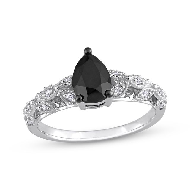 Vintage-Style Pear-Shaped Black & Round-Cut White Diamond Engagement Ring 1 ct tw 14K White Gold