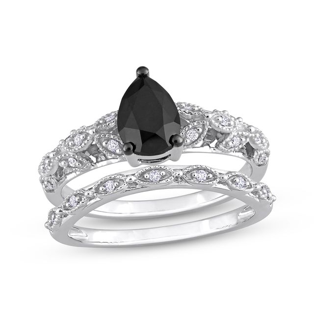 Vintage-Style Pear-Shaped Black & Round-Cut White Diamond Bridal Set 1 ct tw 14K White Gold